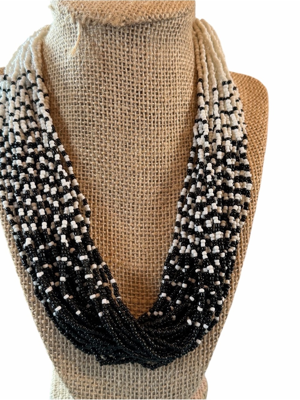 Vtg Loft Black White Seed Bead Multi Strand Necklace